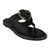 Black sandal with a circular metal buckle on a white background