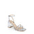 A single metallic silver block-heel sandal with a square toe, featuring two thin front straps embellished with sparkling rhinestones and a slim ankle strap, shown on a plain white background.