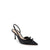 A single black satin pointed-toe slingback pump with a small bow detail on the toe and a slim kitten heel, shown against a plain white background.