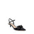 A single black satin pointed-toe slingback sandal with a decorative bow on the toe and a kitten heel, shown against a plain white background.