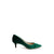A single emerald green velvet pointed-toe kitten heel pump shown from a side profile on a clean white background.