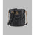 A black quilted leather bucket bag with gold-tone hardware, featuring a top handle, a gold brand plaque, and a gold chain shoulder strap, shown against a solid gray background.