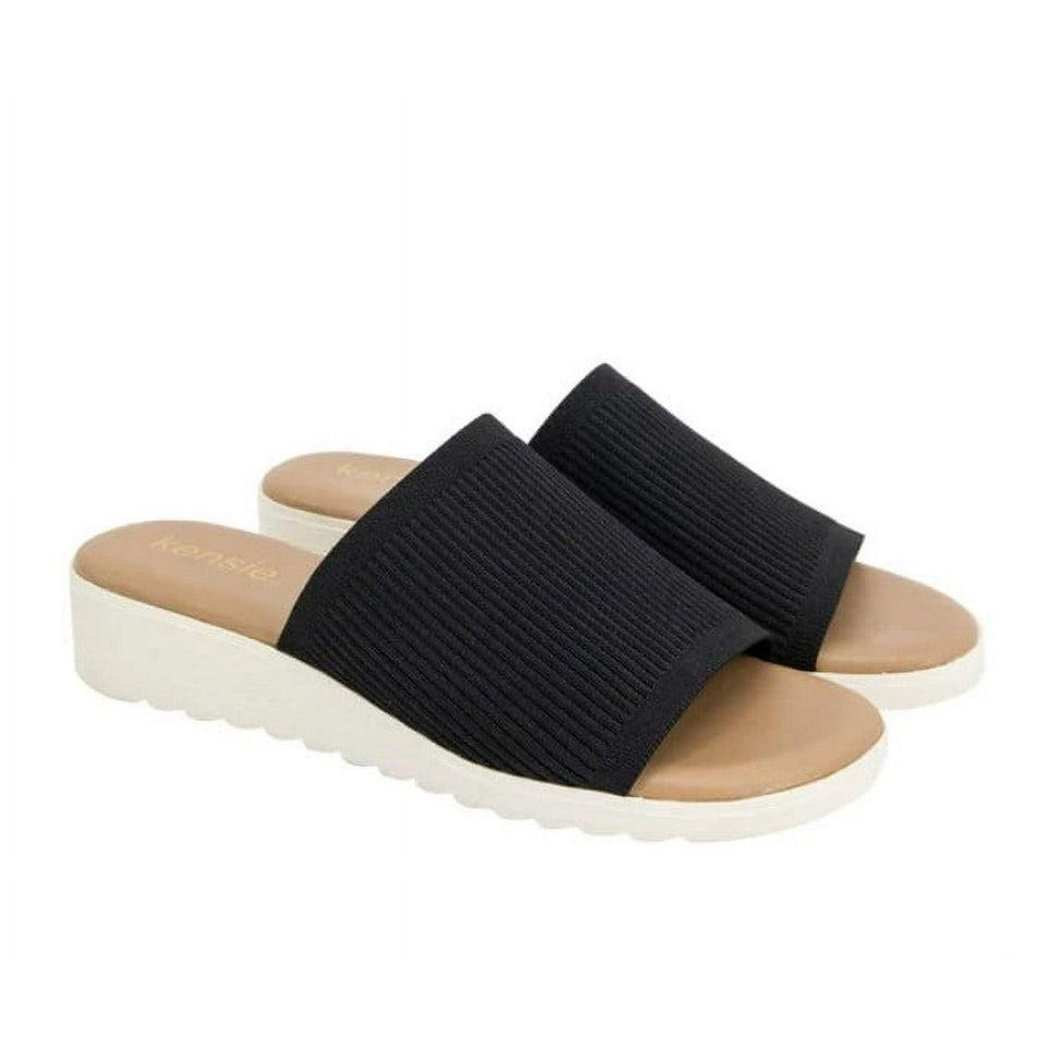 Black slide sandals with a cashback 20% offer on a white background