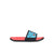 A single slide sandal with a retro video game controller strap design, featuring a red footbed, black sole, and a blue strap with gray buttons and a red button.