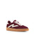 A single low-top sneaker in burgundy suede with a white side logo, white laces, and a gum sole, shown against a plain white background.