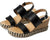 Black and beige wedge sandals with woven sole on a white background