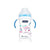 Baby bottle with text and blue handles on a white background