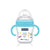 Baby bottle with blue handles and colorful text on a white background