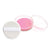 Round white makeup tool with pink compact on a white background