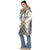 Woman wearing a silver quilted jacket on a white background