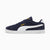 Navy and white sneaker with gold logo on a white background