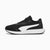 Black and blue running shoe with white sole on a light gray background