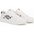 A pair of white low-top sneakers with black animal spot patterns on the sides, white laces, and white rubber soles, shown against a plain white background.