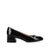 A single black patent leather pump with a low block heel and pointed toe, shown in profile against a plain white background.