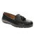 Black loafer shoe with a tassel on a white background