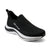 Black slip-on sneaker with white sole on a white background