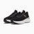 Black running shoes with white soles on a white background