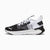 Black and white sneaker with brand logo on a white background