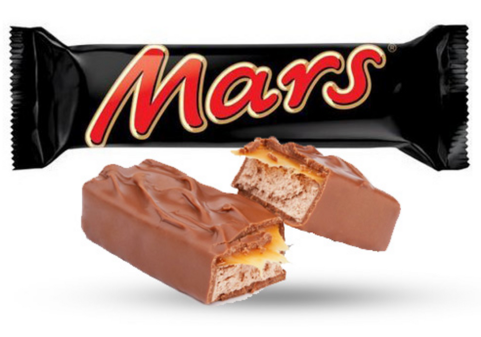 A Mars Chocolate bar, 51g, with a bite taken out of it, showing the nougat and caramel layers inside.