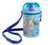 Children's water bottle with cartoon characters and a blue strap on a white background