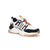 A white and navy blue chunky sneaker with bright orange accents, featuring a thick translucent sole and decorative chain laces, shown against a plain white background.