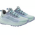 A pair of athletic trail running shoes in light mint green, lavender, and gray, shown from a three-quarters angle on a plain white background.