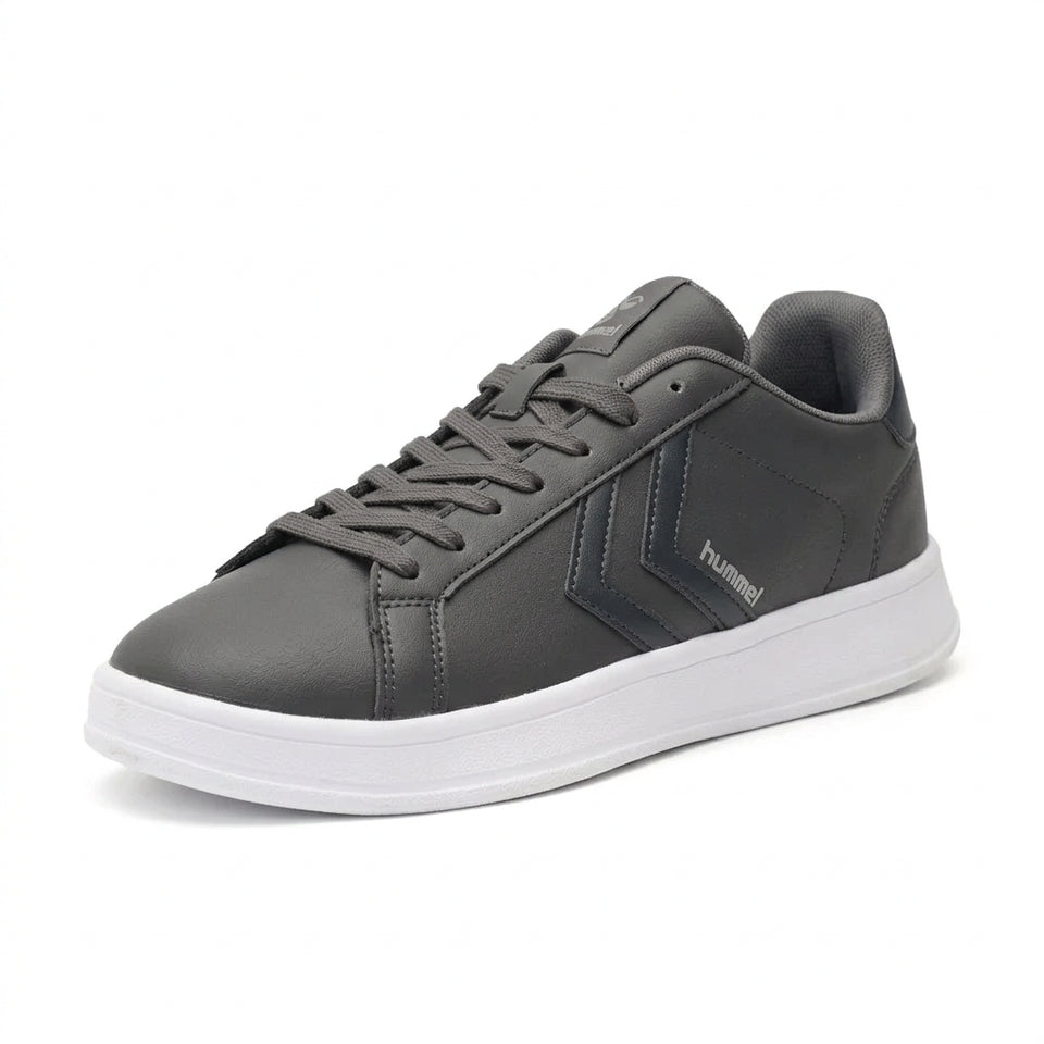 A dark gray low-top sneaker with a white sole, shown in a side profile view against a plain white background.
