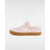 A light pink suede low-top sneaker with cream-colored laces, a cream V-shaped side accent, and a brown gum sole, shown in profile against a light gray background.