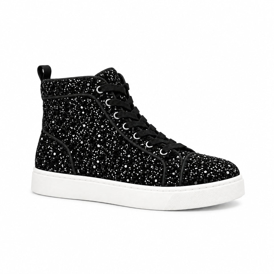 Steve Madden Women's Black Glitter Promoter Fabric Ankle Sneakers with lace-up closure and a thick sole.