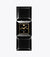 Black square clock with gold accents on a white background