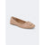 A single beige ballet flat with a square toe and a decorative gold-tone buckle, shown on a light gray background.