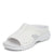 A white open-toe slip-on sandal with a textured mesh upper and a thick, cushioned sole, shown from a three-quarters angle on a white background.
