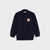 A dark navy blue button-up cardigan jacket with a small red and white graphic patch on the left chest, displayed on a light gray background.