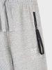 Gray sweatpants with a black zipper pocket on a white background