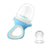 Blue and white baby fruit feeder with detachable silicone mesh cover on a white background