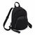 A black canvas backpack with a front zippered pocket and an adjustable shoulder strap, shown on a plain white background.