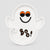 A white ghost-shaped serving platter with a black smiley face and orange details, featuring the word 'BOO!' in a spooky font, set against a light gray background.