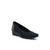 A single black wedge pump shoe with a smooth fabric upper and a contrasting black patent leather heel counter, shown from a three-quarters angle on a white background.