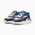 A pair of Puma sneakers in navy blue, white, and black, featuring bright blue and orange accents, set against a plain white background.