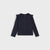 A dark navy long-sleeve top for toddlers, featuring a white polka dot pattern and ruffled shoulder details, displayed flat against a light gray background.