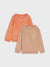 Two children's sweatshirts, one orange and one beige with a bear design, on a light gray background.