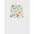 A pair of women's shorts featuring a cream base with a retro abstract pattern in light blue and terracotta orange, displayed flat against a light gray background.
