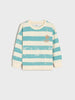 Teal and white striped long-sleeve shirt with a logo on a light gray background