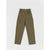 A pair of olive green cargo pants with an elastic waistband, laid flat against a light gray background.