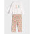 A two-piece children's pajama set featuring a white long-sleeve top with a gnome and Christmas tree graphic, paired with beige pants covered in a red and green gnome pattern, shown on a light gray background.