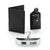 A black faux-leather passport holder set shown with a matching passport cover, a luggage tag with card holder, and a digital luggage scale on a white background.