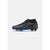 A single Nike soccer cleat in black with blue accents and white branding, shown in profile against a light gray background.
