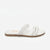 A white flat slide sandal with multiple thin straps and a tan sole, shown from a side profile on a light gray background. The brand name 'YAYA' is printed in orange on the footbed.