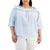 A woman wearing a light blue and white vertically striped off-the-shoulder blouse with ruffled trim and elbow-length sleeves, paired with white pants, against a plain white background.