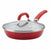 A red non-stick frying pan with a matching red silicone handle and a clear glass lid with a silver metal rim, shown on a plain white background.
